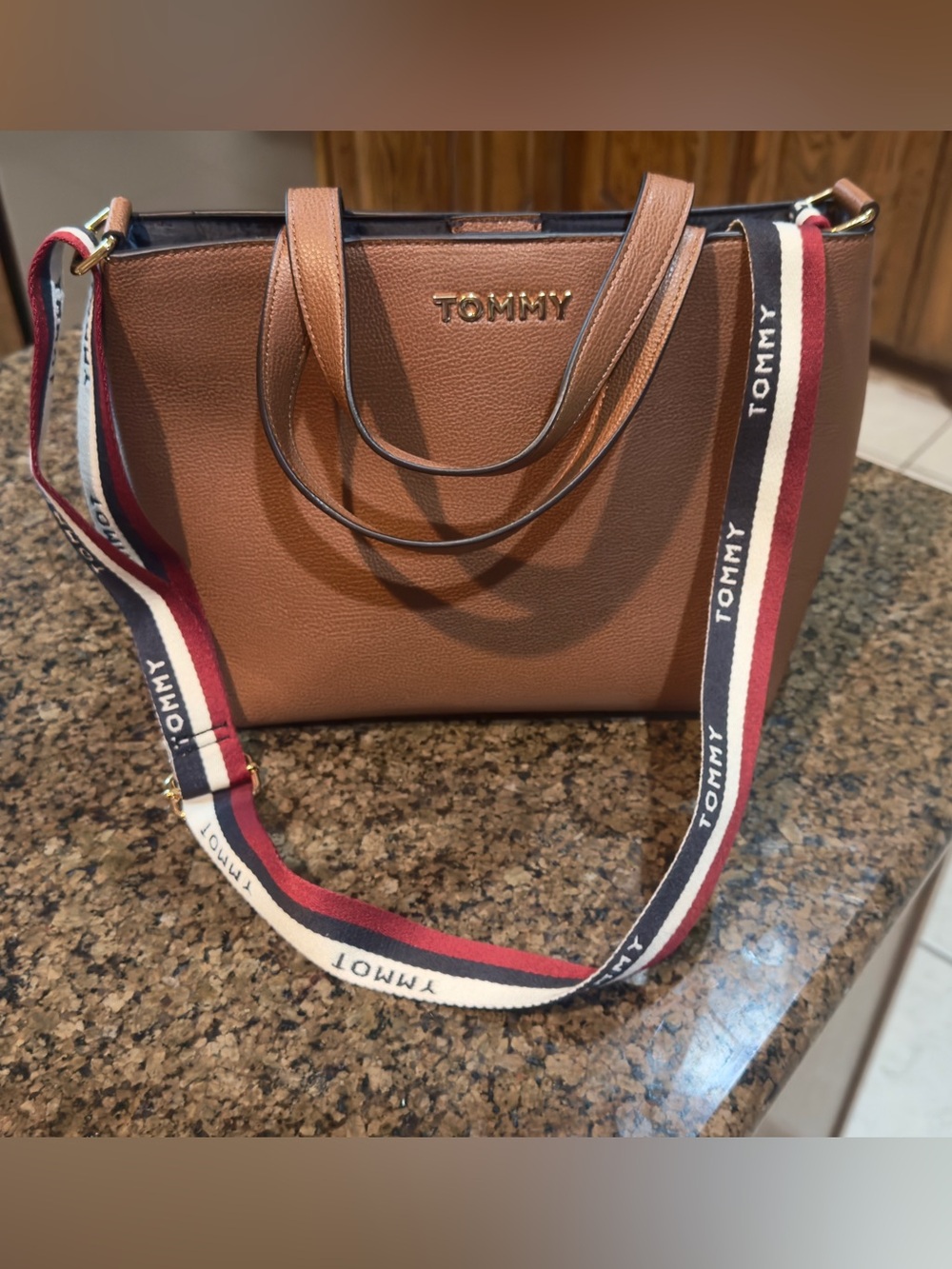 Tommy Hilfiger Brown Leather Tote with Striped Logo Strap